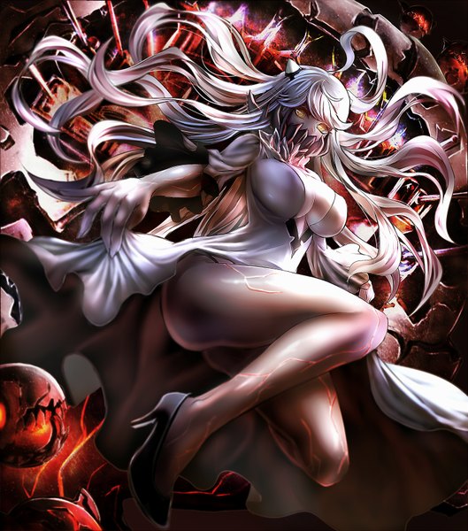 Anime picture 1500x1700 with kantai collection midway hime hinoura single long hair tall image looking at viewer fringe breasts light erotic large breasts yellow eyes cleavage white hair horn (horns) high heels dress lift shinkaisei-kan girl dress