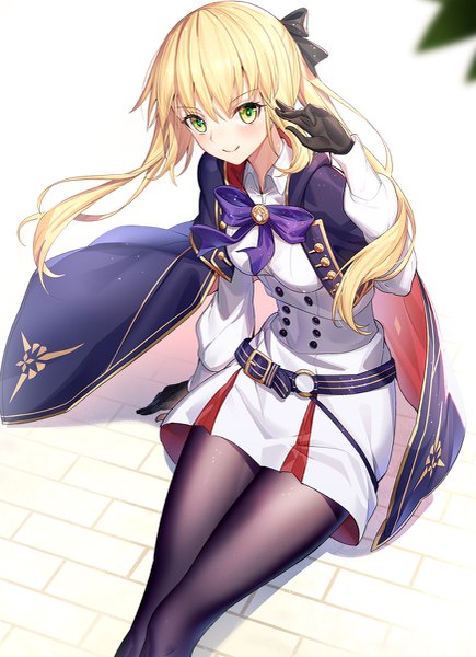 Anime picture 871x1200 with fate (series) fate/grand order artoria pendragon (all) artoria caster (fate) ririko (zhuoyandesailaer) single long hair tall image looking at viewer blush fringe breasts blonde hair smile hair between eyes sitting twintails green eyes payot long sleeves