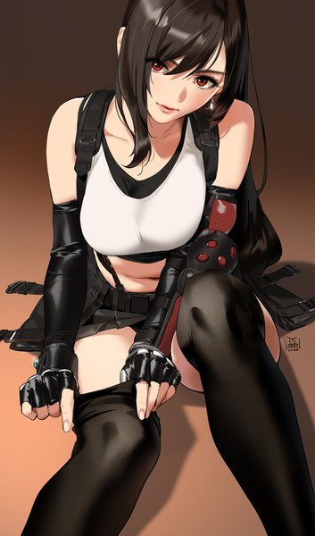 Anime picture 1000x1699 with final fantasy final fantasy vii final fantasy vii remake square enix tifa lockhart yd (orange maru) single long hair tall image looking at viewer fringe breasts light erotic black hair hair between eyes red eyes sitting bare shoulders signed head tilt