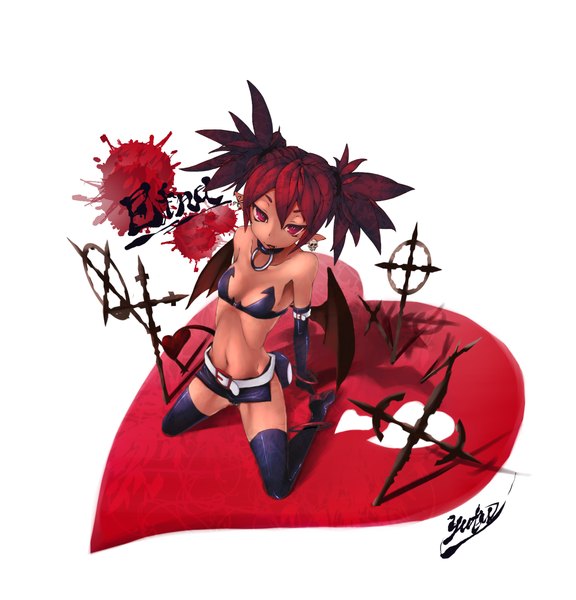 Anime picture 1348x1404 with disgaea etna (disgaea) etna (artist) single tall image looking at viewer short hair breasts light erotic white background red hair pink eyes pointy ears kneeling flat chest girl thighhighs gloves navel black thighhighs