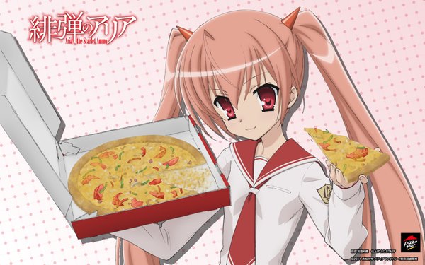 Anime picture 1680x1050 with hidan no aria pizza hut kanzaki h aria iwakura kazunori long hair red eyes wide image twintails pink hair horn (horns) girl serafuku pizza