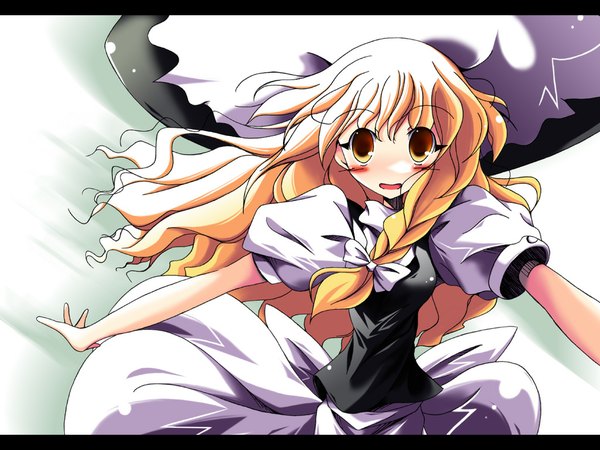 Anime picture 1024x768 with touhou kirisame marisa mashiroyu single long hair looking at viewer blush simple background blonde hair yellow eyes upper body braid (braids) puffy sleeves letterboxed spread arms side braid girl hat witch hat