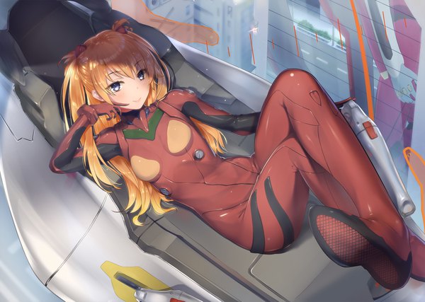 Anime picture 1920x1369 with neon genesis evangelion gainax soryu asuka langley shikinami asuka langley grandgua single long hair blush highres blue eyes light erotic smile from above orange hair crossed legs girl gloves hair ornament bodysuit pilot suit