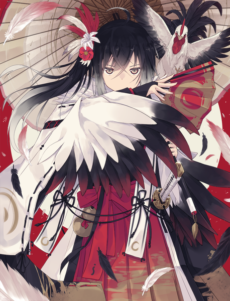 Anime picture 929x1216 with original nagishiro mito single long hair tall image fringe black hair hair between eyes standing holding brown eyes ahoge traditional clothes japanese clothes hair flower wide sleeves new year serious girl gloves