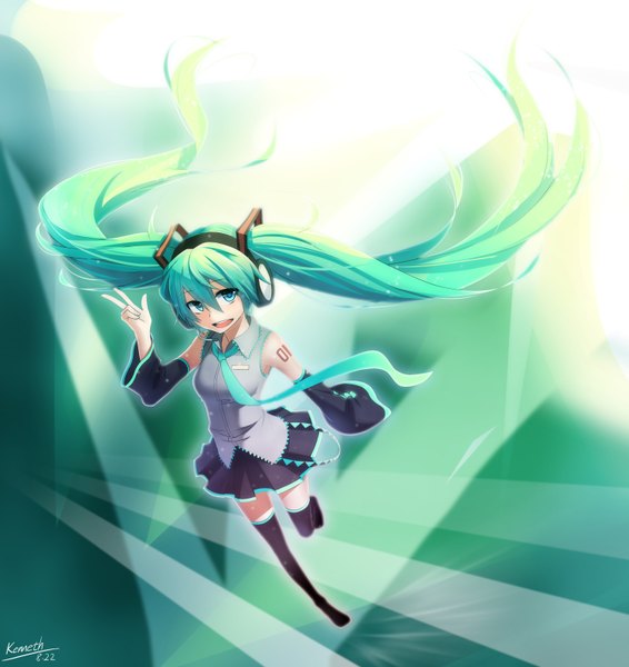 Anime picture 3004x3188 with vocaloid hatsune miku kenneth (qq) single long hair tall image highres open mouth blue eyes twintails absurdres aqua hair girl detached sleeves necktie