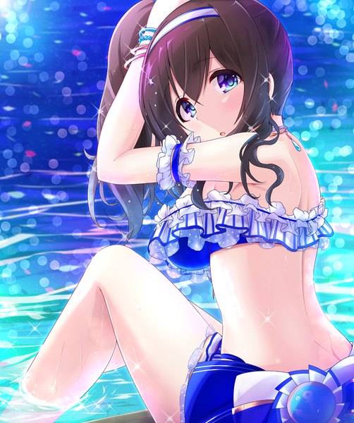 Anime picture 837x1000 with idolmaster idolmaster cinderella girls sagisawa fumika akisaka yamoka single long hair tall image breasts blue eyes light erotic black hair large breasts sitting bare shoulders ass looking back bare belly bare legs :o sparkle