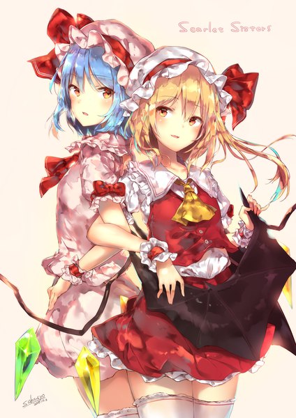 Anime picture 1158x1637 with touhou flandre scarlet remilia scarlet sakusyo tall image fringe short hair simple background blonde hair hair between eyes multiple girls brown eyes signed blue hair one side up siblings sisters girl thighhighs skirt