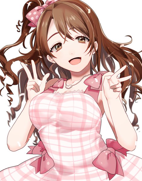 Anime picture 1200x1526 with idolmaster idolmaster cinderella girls shimamura uzuki mihatarou single long hair tall image looking at viewer fringe open mouth simple background brown hair white background brown eyes head tilt :d sparkle one side up drill hair victory