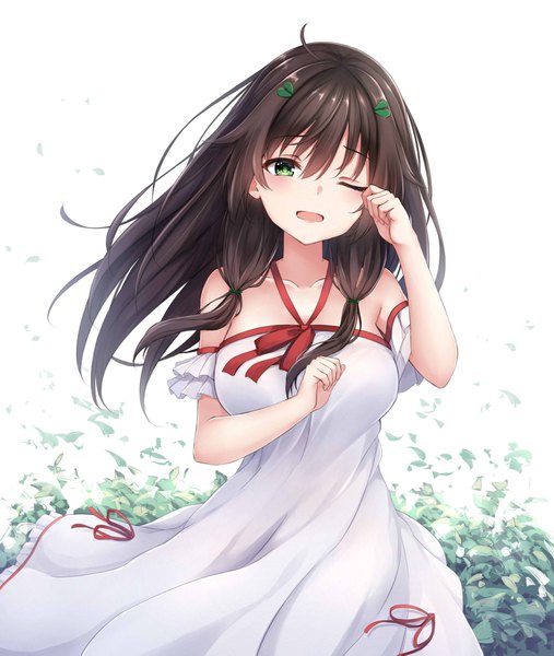 Anime picture 1637x1937 with original ym (distance819) single long hair tall image looking at viewer blush fringe breasts open mouth simple background hair between eyes brown hair standing white background bare shoulders green eyes ahoge head tilt one eye closed
