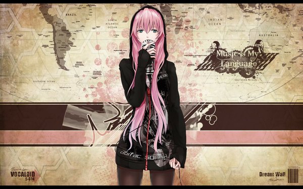 Anime picture 1920x1200 with vocaloid megurine luka mille (dieci) single long hair highres wide image green eyes pink hair third-party edit girl hood microphone microphone stand