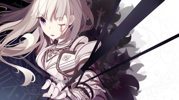 Anime picture 1920x1080 with original atha (leejuiping) single long hair looking at viewer fringe highres open mouth wide image purple eyes white hair eyes closed one eye closed from above wink facial mark white skin girl dress gloves