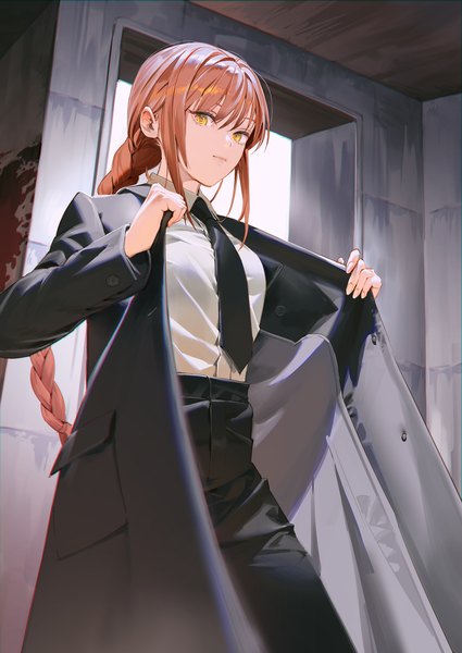 Anime picture 1544x2182 with chainsaw man mappa makima (chainsaw man) kitada mo single long hair tall image looking at viewer yellow eyes payot red hair indoors braid (braids) single braid blood stains girl shirt necktie white shirt blood