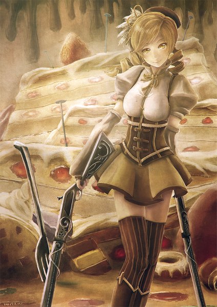 Anime picture 905x1280 with mahou shoujo madoka magica shaft (studio) tomoe mami chuukarudoruhu single tall image looking at viewer blonde hair smile holding yellow eyes head tilt puffy sleeves drill hair dual wielding knees touching girl thighhighs dress hair ornament