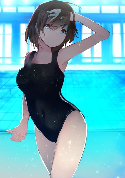 Anime picture 2894x4093 with original tarbo (exxxpiation) single tall image fringe highres short hair breasts hair between eyes brown hair large breasts bare shoulders looking away aqua eyes bare legs armpit (armpits) adjusting hair girl swimsuit one-piece swimsuit