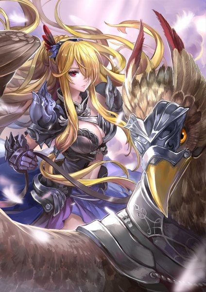 Anime picture 1000x1414 with original monogo single long hair tall image looking at viewer fringe breasts blonde hair red eyes large breasts cleavage hair over one eye girl skirt gloves hair ornament animal armor bird (birds)