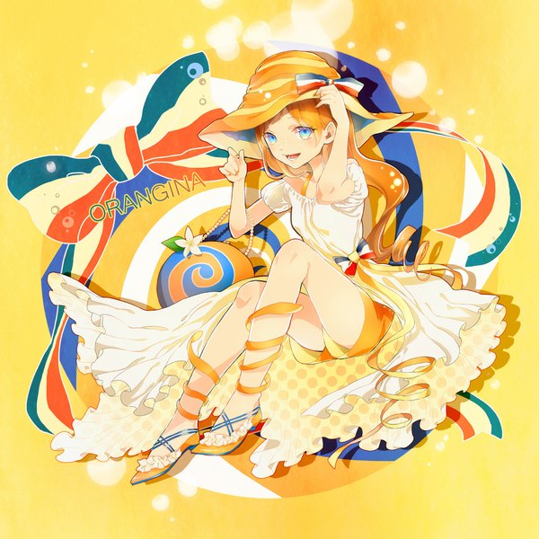 Anime picture 1000x1000 with original eim open mouth bare shoulders aqua eyes orange hair inscription drill hair personification dress ribbon (ribbons) hat shorts white dress bag hat ribbon