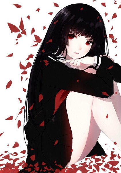 Anime picture 666x948 with hell girl studio deen enma ai caidychen single long hair tall image looking at viewer fringe black hair simple background red eyes white background sitting bent knee (knees) blunt bangs long sleeves parted lips pleated skirt bare legs