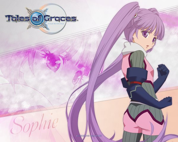 Anime picture 1280x1024 with tales of graces sophie (tales) single long hair purple eyes twintails purple hair girl gloves suit
