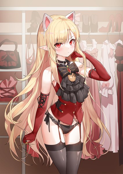 Anime picture 1000x1415 with original ronopu single long hair tall image looking at viewer blush fringe light erotic blonde hair red eyes standing bare shoulders animal ears payot indoors pointy ears cat ears cat girl tattoo