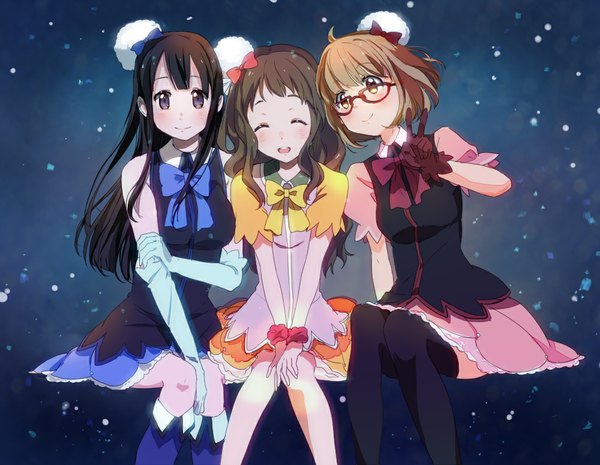 Anime picture 1000x775 with kyoukai no kanata kyoto animation kuriyama mirai nase mitsuki shindou ai long hair blush short hair open mouth black hair smile brown hair sitting purple eyes multiple girls eyes closed girl dress gloves glasses