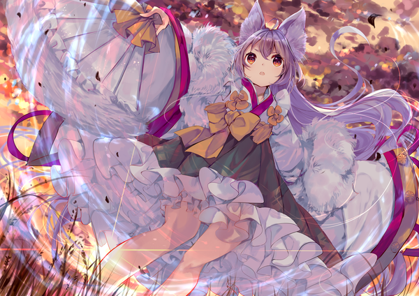 Anime picture 1025x725 with original umino mizu single long hair fringe hair between eyes animal ears sky purple hair cloud (clouds) ahoge traditional clothes japanese clothes wind from below orange eyes fur trim evening sunset spread arms