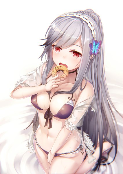 Anime picture 708x1000 with azur lane dunkerque (azur lane) dunkerque (summer sucre) (azur lane) kurenai musume single long hair tall image looking at viewer blush fringe breasts open mouth light erotic simple background red eyes large breasts holding cleavage silver hair ponytail