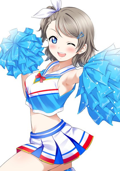 Anime picture 842x1201 with love live! sunshine!! sunrise (studio) love live! watanabe you rozen5 single tall image looking at viewer blush fringe short hair breasts open mouth blue eyes simple background smile standing white background :d one eye closed