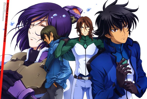 Anime picture 6081x4087 with mobile suit gundam mobile suit gundam 00 sunrise (studio) tieria erde setsuna f seiei lockon stratos allelujah haptism lyle dylandy ohnuki kenichi highres black hair red eyes brown hair yellow eyes absurdres purple hair eyes closed tears dark skin group