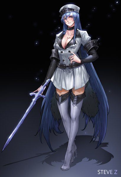 Anime picture 2480x3622 with akame ga kill! white fox esdeath steve zheng single tall image looking at viewer blush fringe highres breasts blue eyes simple background hair between eyes large breasts standing signed blue hair cleavage full body