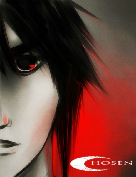 Anime picture 1024x1326 with sparkyyy (artist) single tall image looking at viewer short hair black hair black eyes face red background boy