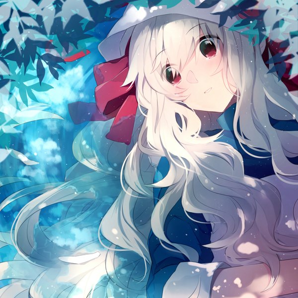 Anime picture 1800x1800 with kagerou project shaft (studio) mary (kagerou project) hoshiyui tsukino (artist) single long hair blush highres blonde hair red eyes looking away girl ribbon (ribbons) plant (plants) hair ribbon hood teardrop