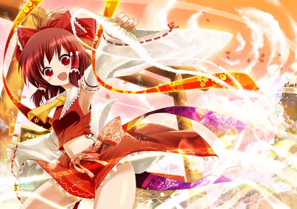 Anime picture 1433x1012 with touhou hakurei reimu red eyes red hair girl skirt bow detached sleeves skirt set