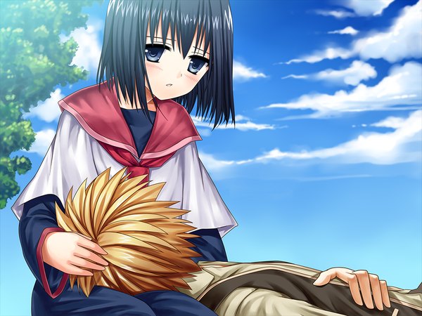 Anime picture 1024x768 with shukusai no utahime tagme (character) blush fringe short hair blue eyes black hair blonde hair hair between eyes sitting game cg sky cloud (clouds) outdoors lying parted lips on back couple hand on chest looking down
