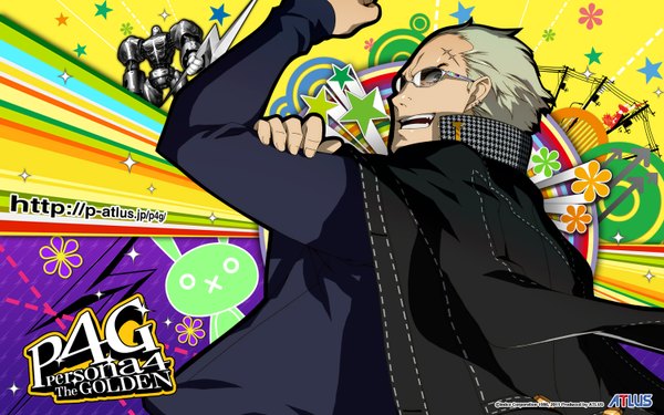 Anime picture 1500x938 with persona 4 persona tatsumi kanji single short hair open mouth blonde hair wide image looking away absurdres inscription grey eyes grin scar logo boy uniform school uniform glasses jacket