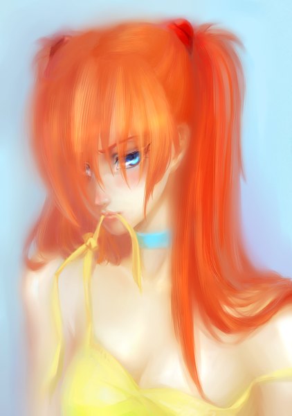 Anime picture 2244x3189 with neon genesis evangelion rebuild of evangelion evangelion: 2.0 you can (not) advance evangelion: 3.0 you can (not) redo gainax soryu asuka langley shikinami asuka langley bed (artist) single long hair tall image looking at viewer blush fringe highres blue eyes bare shoulders hair over one eye orange hair sad