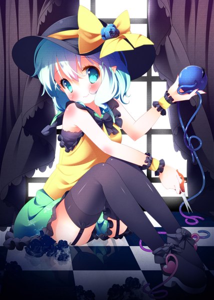 Anime picture 1400x1964 with touhou komeiji koishi zefa (neoaltemice) single tall image looking at viewer blush short hair light erotic aqua eyes aqua hair checkered floor girl thighhighs dress black thighhighs hat eyeball scissors