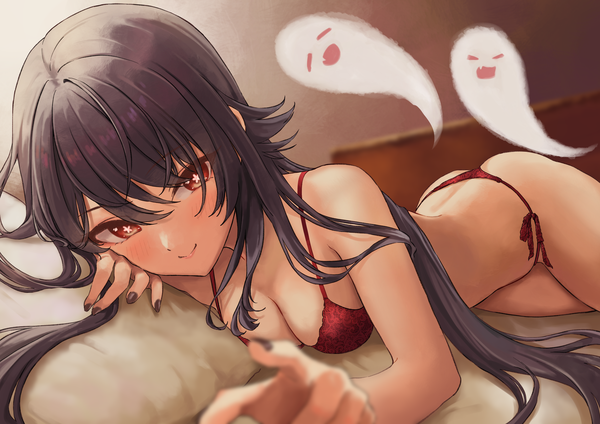 Anime picture 4093x2894 with genshin impact hu tao (genshin impact) boo tao (genshin impact) huziko32 single long hair looking at viewer blush fringe highres breasts light erotic black hair smile hair between eyes red eyes large breasts absurdres ass indoors
