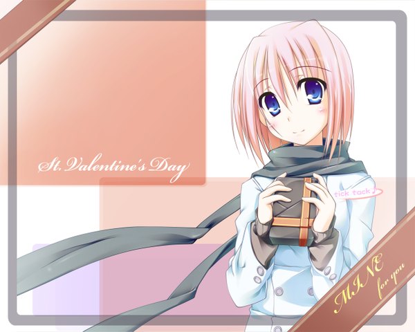 Anime picture 1280x1024 with sparkle!! t-ray single looking at viewer blush short hair blue eyes holding pink hair light smile wallpaper pink background valentine girl scarf gift