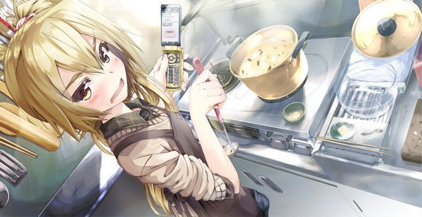 Anime picture 1980x1020 with vocaloid akita neru daidou (demitasse) single long hair blush fringe highres open mouth blonde hair hair between eyes wide image yellow eyes ponytail from above side ponytail cooking girl apron mobile phone