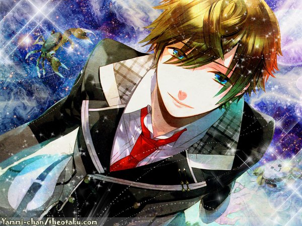 Anime picture 1600x1200 with starry sky ryunosuke miyaji short hair blue eyes smile brown hair boy necktie coat