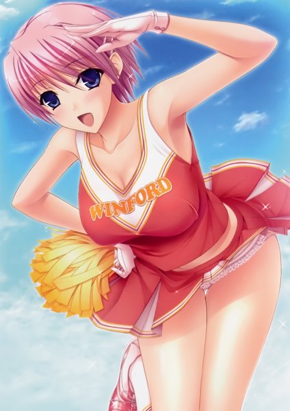 Anime picture 2187x3091 with walkure romanze kisaki mio komori kei single tall image blush highres short hair open mouth blue eyes light erotic pink hair sky cloud (clouds) scan pantyshot cheerleader girl gloves underwear