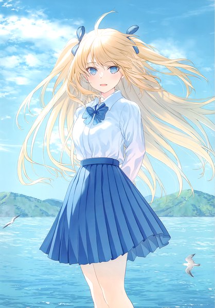 Anime picture 2097x3011 with original yashiro seika single long hair tall image looking at viewer fringe highres open mouth blue eyes blonde hair smile hair between eyes standing sky cloud (clouds) ahoge outdoors :d pleated skirt