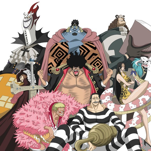 Anime picture 1080x1080 with one piece toei animation boa hancock salome (one piece) donquixote doflamingo sir crocodile dracule mihawk jimbei gecko moria marshall d teach bartholomew kuma nori-jiru smile white background tattoo grin scar group crossed arms striped