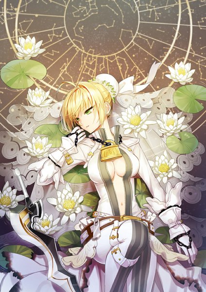 Anime picture 700x990 with fate (series) fate/extra fate/extra ccc type-moon nero claudius (fate) (all) nero claudius (fate) nero claudius (bride) (fate) spoon 1122 single tall image short hair blonde hair green eyes looking away lying girl dress flower (flowers) weapon petals