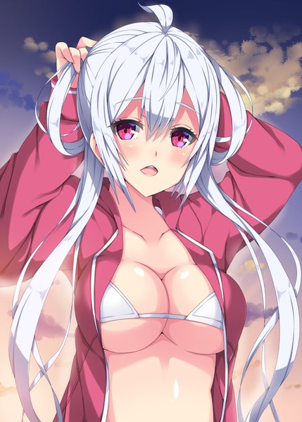 Anime picture 715x1000 with phantasy star phantasy star online 2 sega matoi (pso2) milkpanda single long hair tall image looking at viewer blush breasts open mouth light erotic red eyes silver hair ahoge girl bikini top