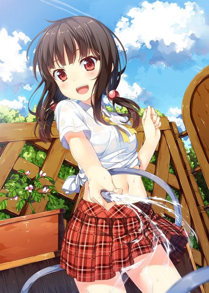 Anime-Bild 1000x1403 mit original yuuri nayuta long hair tall image looking at viewer blush fringe open mouth black hair red eyes twintails sky cloud (clouds) outdoors :d low twintails happy girl skirt navel