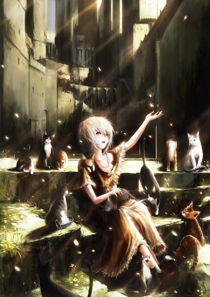 Anime picture 1400x1980 with original stu dts single tall image short hair open mouth smile sitting brown eyes white hair girl dress animal petals cat castle