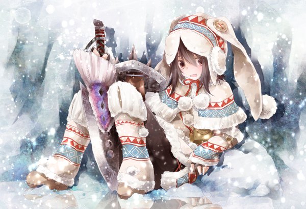 Anime picture 1320x900 with monster hunter monster hunter (character) lagombi (armor) toutenkou single long hair blush fringe open mouth hair between eyes brown hair sitting purple eyes animal ears full body long sleeves :d fur trim fake animal ears snowing