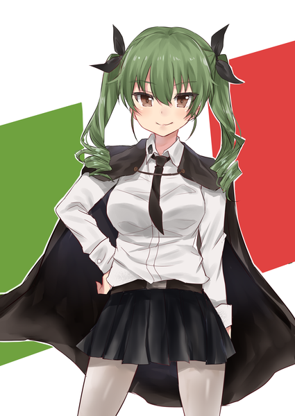 Anime-Bild 2149x3035 mit girls und panzer anchovy (girls und panzer) nanakagura single long hair tall image looking at viewer highres smile standing white background twintails brown eyes green hair hand on hip drill hair girl skirt miniskirt shirt