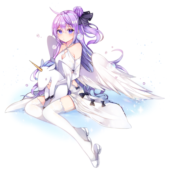 Anime picture 1907x1912 with azur lane unicorn (azur lane) rijjin single long hair tall image looking at viewer blush fringe highres breasts simple background hair between eyes white background sitting purple eyes bare shoulders holding payot purple hair